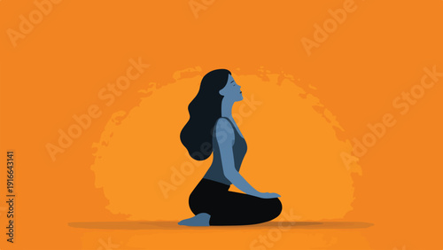Woman in blue meditating in a serene setting against an orange backdrop