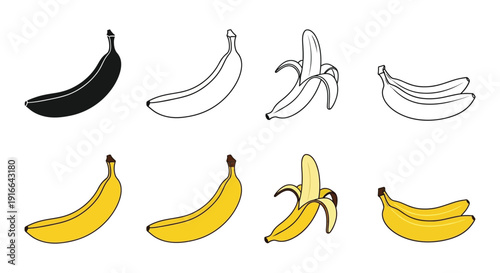Various banana illustrations showing different styles including a silhouette