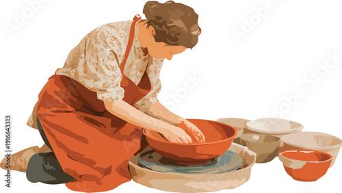 A potter kneels, hands shaping clay in a bowl, surrounded by finished pots