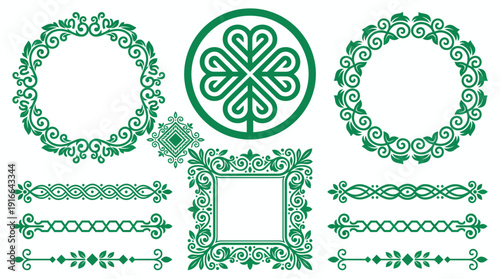 Green ornamental flourish set with circular and square frames, decorative borders and intricate vector designs for versatile design projects.