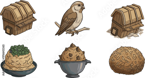 Bird Feeder Houses Birdseed Balls and Sparrow wooden house