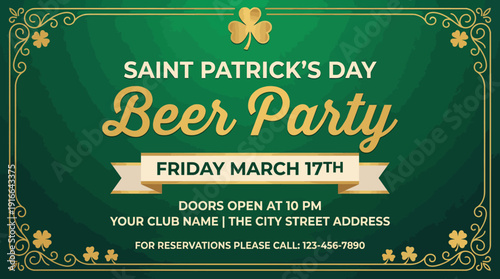 Saint Patrick's Day Beer Party Poster: Friday March 17th, Doors Open at 10 PM, green banner with shamrocks