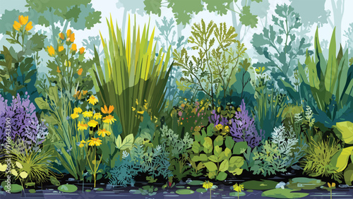 A vibrant, stylized depiction of a lush garden pond filled with diverse aquatic and terrestrial plants