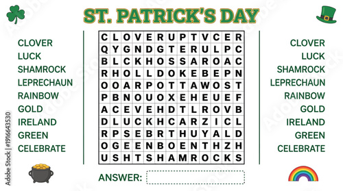 St. Patrick's Day Word Search Banner with Clovers, Shamrocks, Gold and Green Irish Symbols for Festive Classroom or Home Decor