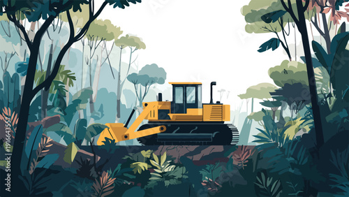 Yellow bulldozer clearing lush, dense forest with stylized trees and foliage