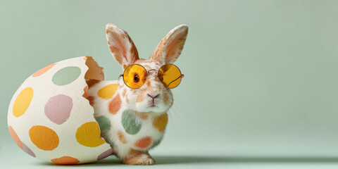 Happy Easter concept, funny animal, holiday greeting card - Easter bunny rabbit with sunglasses and easter egg, isolated on turquoise background