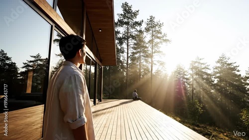 Calm person walking on cabin terrace in pines sun rays for digital, wide composition with clean copy space,soft natural light and realistic lens behavior,gentle camera movement,calm minimalist mood