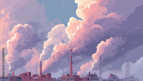 Industrial smokestacks emit clouds of pink and purple smoke against a pale blue sky