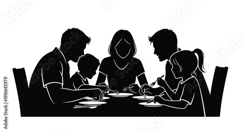 Family gathered around a table enjoying a meal black silhouette