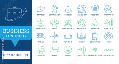 Business Continuity and Risk Management Icons. Featuring disaster recovery, crisis planning, cybersecurity, and resilience symbols. Editable vector set for corporate reports and apps