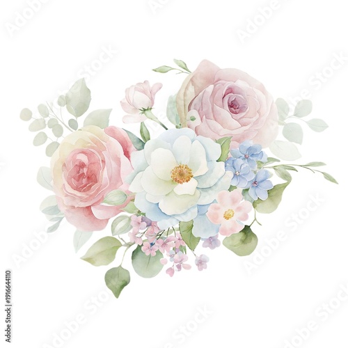 Pastel watercolor floral bouquet with roses and peony