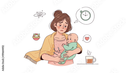 A cartoon illustration of a mother holding her baby with thought bubbles