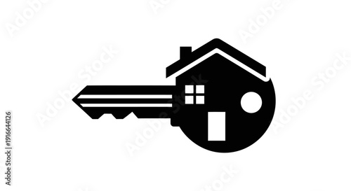 Black Silhouette of a House Key with House Features.