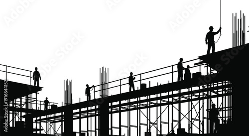 Construction workers on scaffolding structure at building site, industrial development and engineering project vector silhouette illustration design