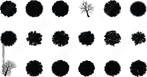 Collection of black tree top view silhouettes icons set isolated on white background cad drawing flat vector illustration for landscape architecture design