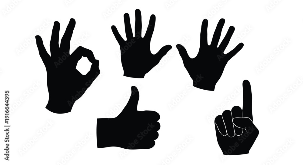 Fototapeta premium Five black hand gestures displayed against a white background silhouette