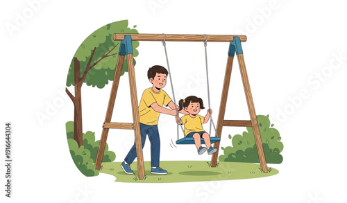 A cartoon illustration of a man pushing a little girl on a swing set in a park