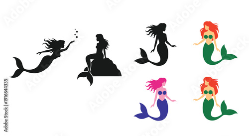 Various mermaid depictions including a striking black silhouette