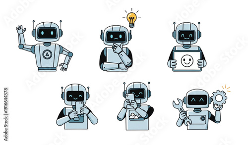 A set of six robots in various poses and actions in a vector graphic illustration