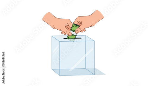 A vector graphic illustration of hands putting a ballot into a box