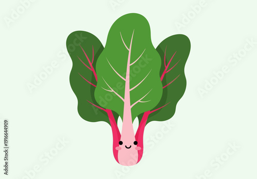 Cute Kawaii Chard Vegetable Character with Smiling Face.