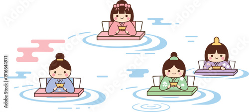 Cute Korean girls in hanbok floating on lotus leaves illustration representing traditional culture, childhood innocence, and peaceful water scene in flat vector style
