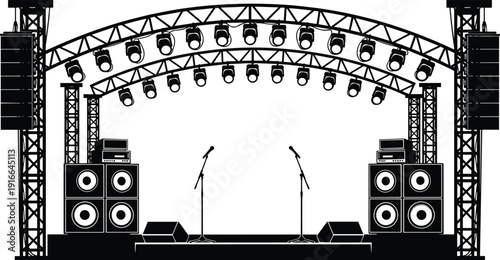 Concert stage with lighting truss, speakers and microphones, live music event setup, festival performance vector illustration design