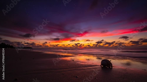 Stunning timelapse of a vibrant sunset over a tropical beach with a hermit crab, the sky transforming with color.