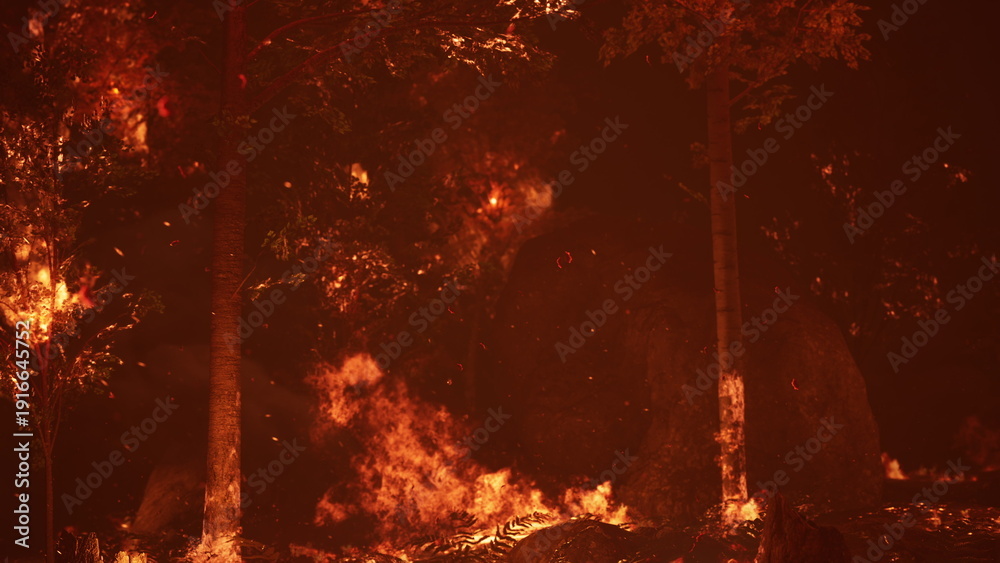Fototapeta premium Flames rage through dense trees, consuming the forest as smoke fills the air. The scene captures the fury of nature, showcasing the intense destruction caused by a wildfire at dusk.