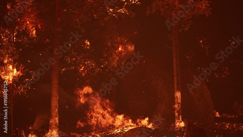 Flames rage through dense trees, consuming the forest as smoke fills the air. The scene captures the fury of nature, showcasing the intense destruction caused by a wildfire at dusk.