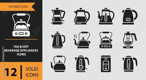 Tea And Hot Beverage Appliances Solid Icon Collection For Warm Drink Preparation