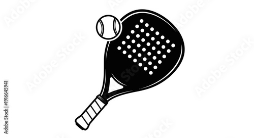 Paddle tennis racket with a ball floating above, black and white on isolated white background.