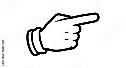 Human Hand Pointing Finger Right in Bold Black Outline on Isolated White Background