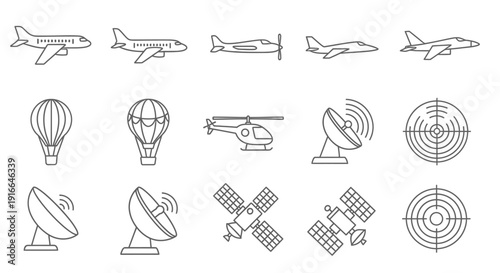 Aviation and Space Travel Outline Icons Set on Isolated White Background