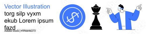 Financial strategy, decision-making, leadership, monetary planning, economic growth, investment focus. Chess piece, circle with dollar symbol person in blue pointing. Financial strategy