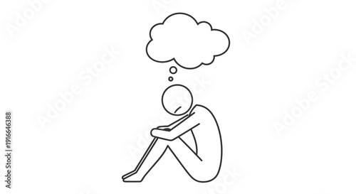 Depressed stick figure person sitting sadly with head down and an empty thought bubble on an isolated white background.