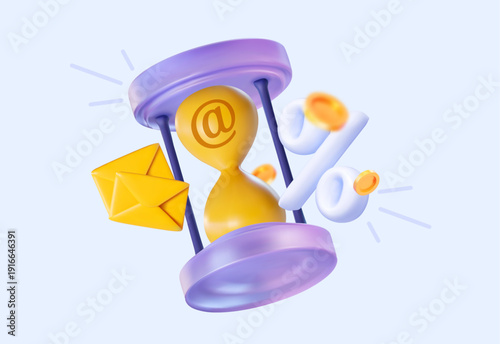 3D vector hourglass with email envelopes and percentage sign. Concept of limited time offer, newsletter marketing, and business deadline for financial discounts. I