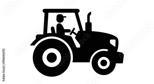 Silhouette of a person driving an agricultural tractor for farm work on an isolated white background.