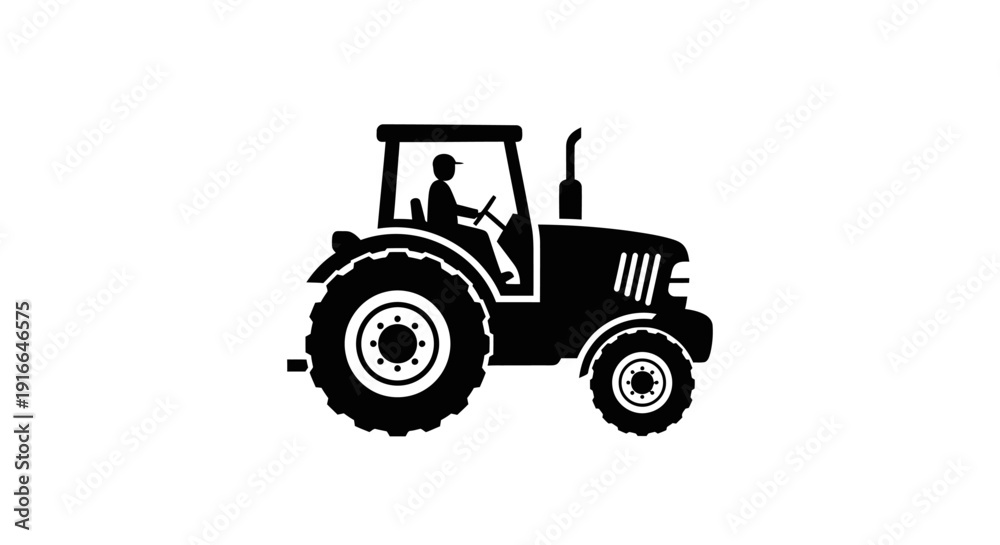 Obraz premium Black silhouette of a farmer driving a tractor, isolated white background.