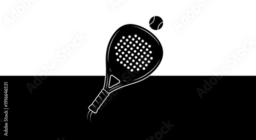 Paddle tennis racket and ball against a modern black and white split background.