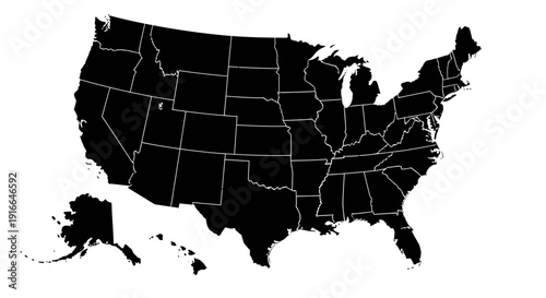 Fotografia Black silhouette map of the United States of America with individual states outlined, isolated white background
