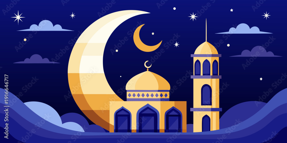 Fototapeta premium Ramadan and eid 2026 crescent moon and mosque under starry night sky 