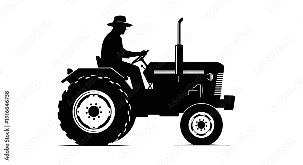 Obraz premium Farmer driving vintage tractor, working in agriculture, isolated white background.