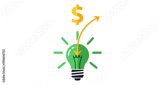 Green light bulb with dollar sign and upward arrow symbolizing financial growth.