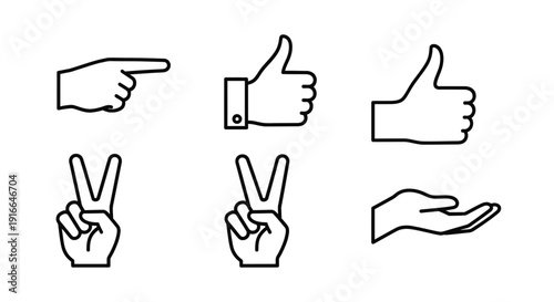 Set of various hand gestures icons including pointing, thumbs up, and peace sign, isolated white background.