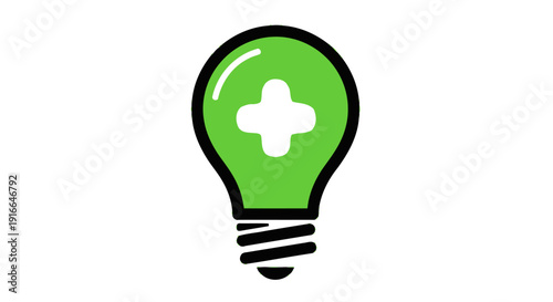 Green light bulb with white plus sign inside.