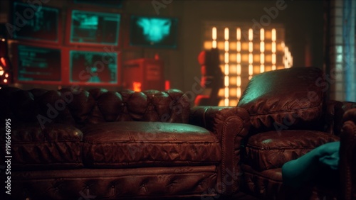 Fotografija A worn leather couch sits in a softly lit room