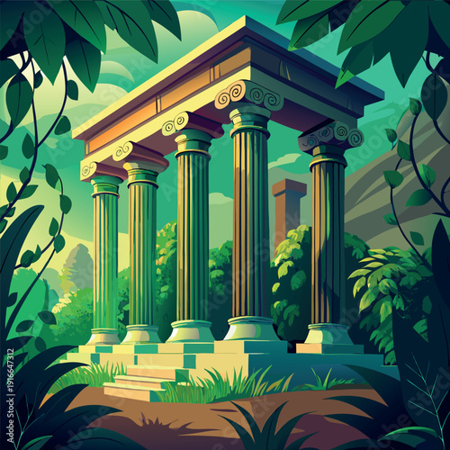 Ancient stone pillars ruins covered with green vines in a lush forest