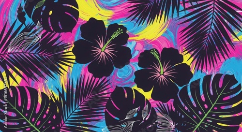 Vibrant tropical floral pattern with colorful leaves and hibiscus flowers