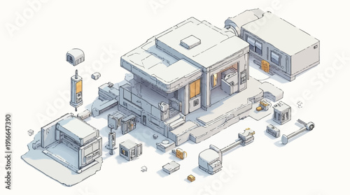 Isometric blueprint details a futuristic modular building with detached components and machinery.